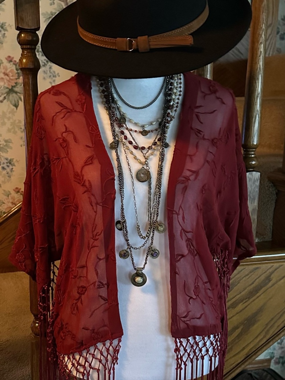 Sixes & Sevens Embroidered & Fringe Kimono; Deep Red Sheer Floral Design; Sz Med